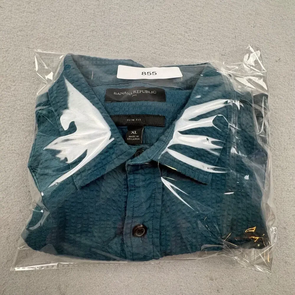 Banana Republic Seersuckerer Shirt Mens XL Slim Fit Teal Short Sleeve Button Up